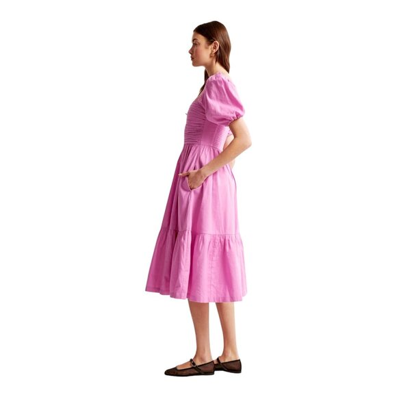 Abercrombie & Fitch Emerson Linen-Blend Puff Sleeve Midi Dress in Pink Size S - Picture 2 of 12